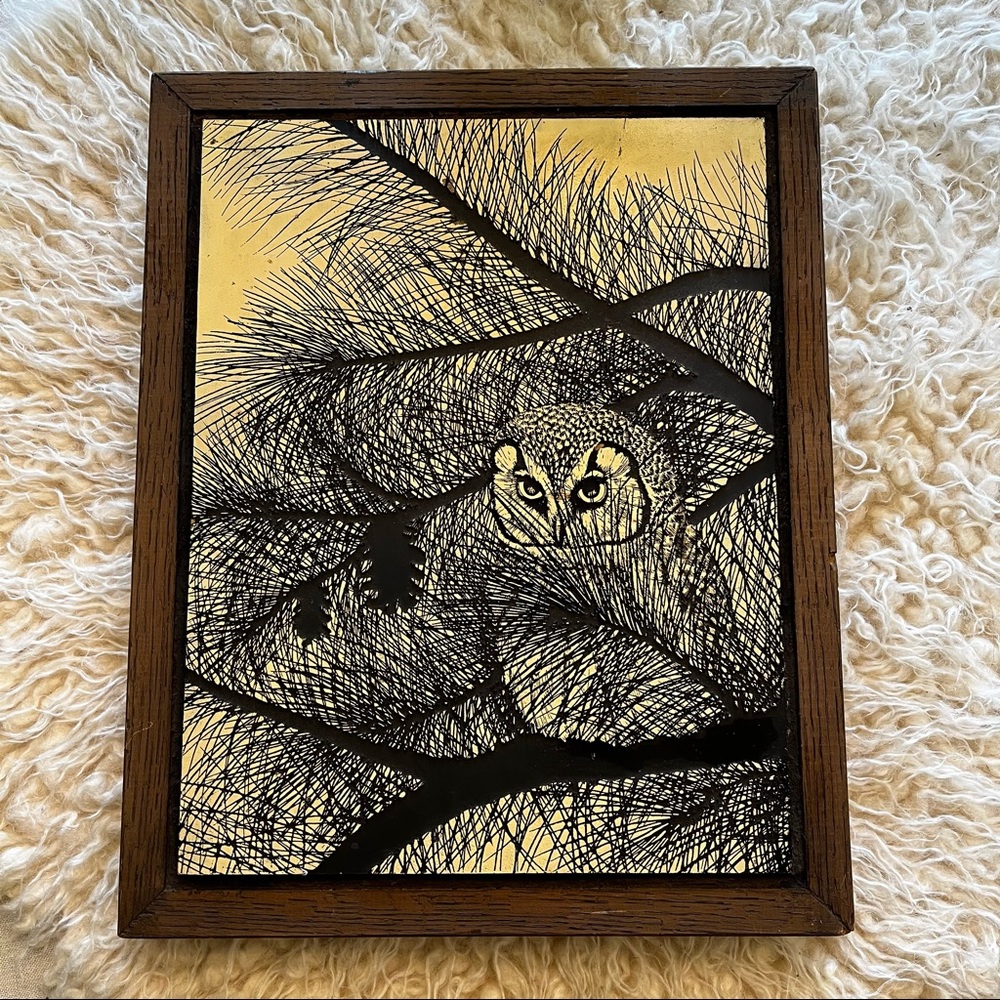 Hand carved Owl Lino block framed MCM